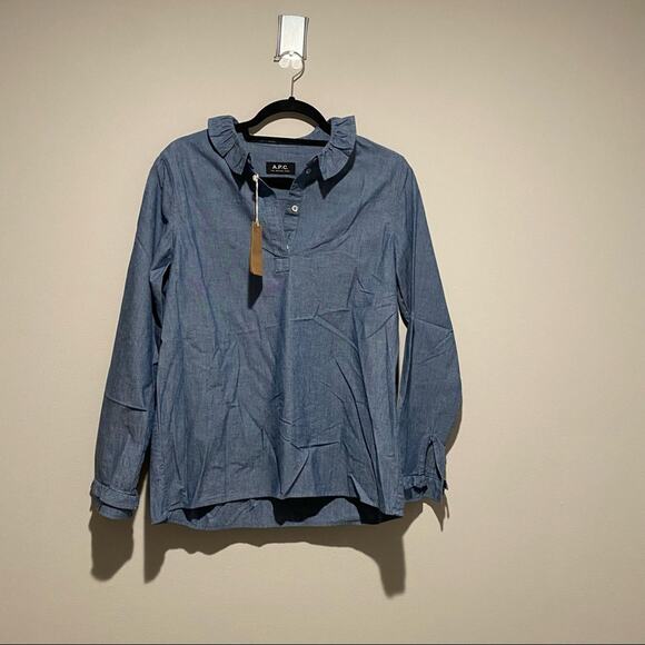 A.P.C. Agathe Ruffle Trimmed Cotton Blend Blouse Blue Top Shirt - Picture 6 of 14
